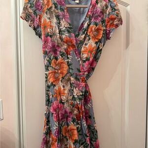 Yumi Kim Flutter Sleeve Wrap Midi Dress in Orange and Pink